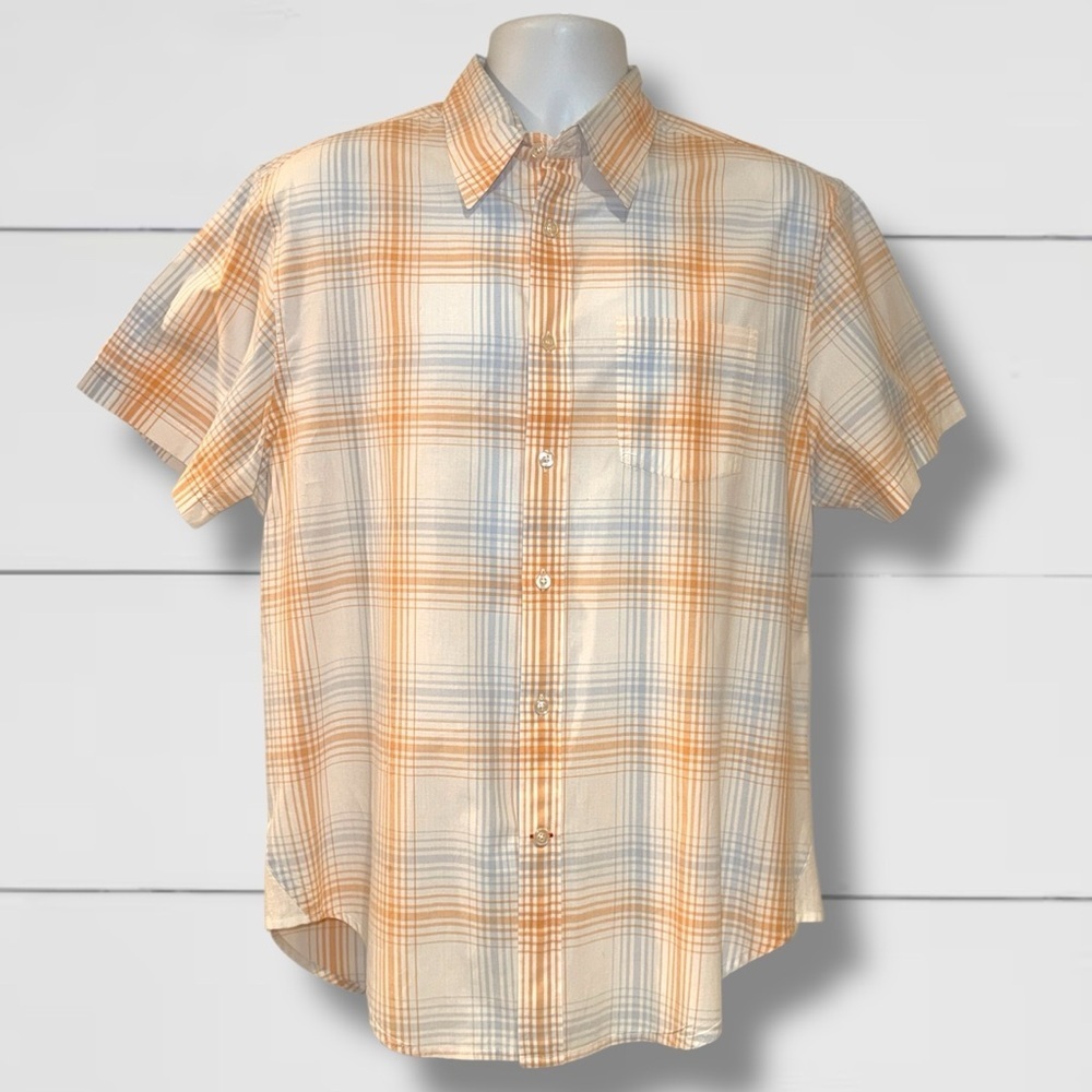 🟠 Guess Jeans Men’s Plaid Shirt L – Orange Blue Check, Button Down, Short Sleeve